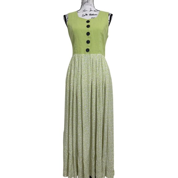 Vintage Compagnie La Rochelle Women's Maxi Dress Sleeveless Green Floral 90's - Picture 1 of 8